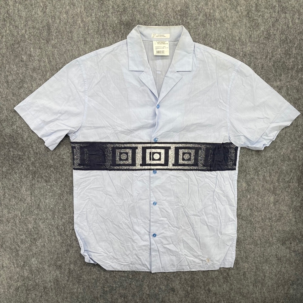 Versace Collection Shirt Mens 15.5/40 Light Blue Greek Key Band Collar Shirt